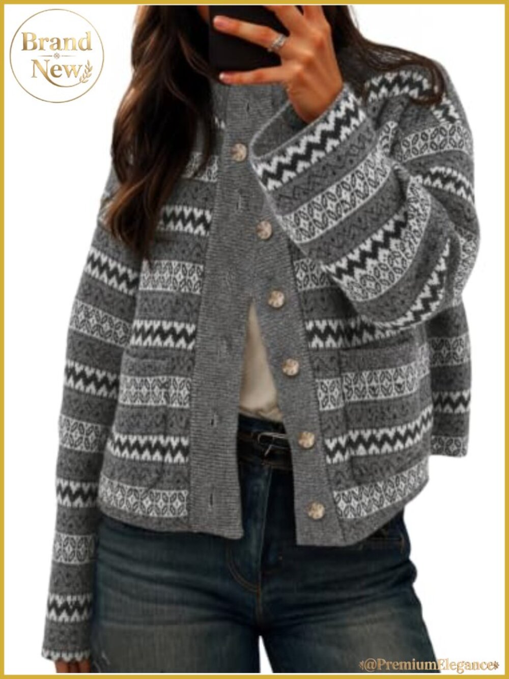 Womens Fair Isle Cardigan Long Sleeve Mock Neck Knit Sweater